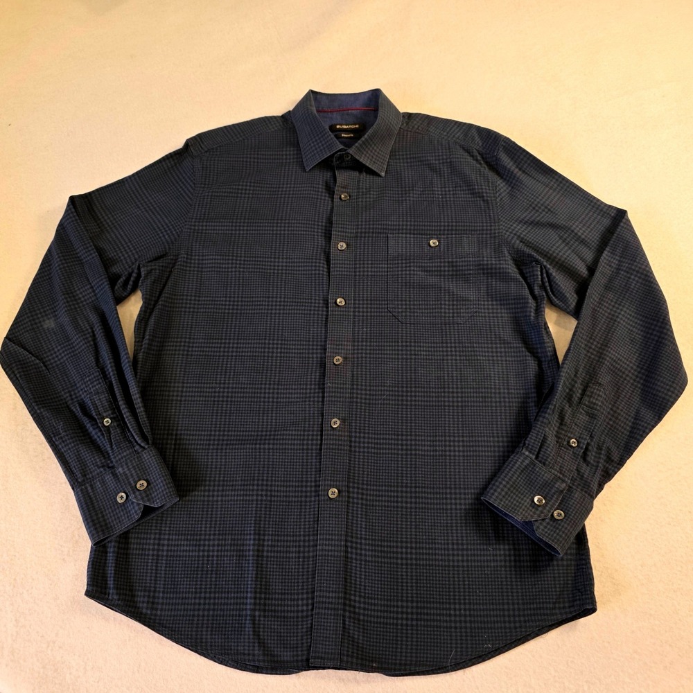 Bugatchi Mens Shaped Fit Long Sleeve Button Down Shirt Blue Black GS3317L33S